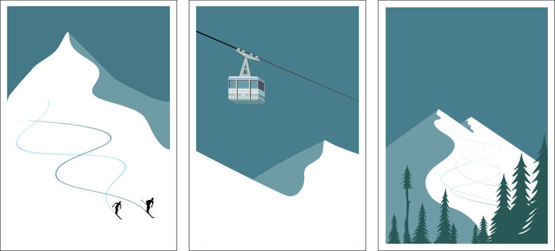 Modern retro ski posters, snowboard art prints