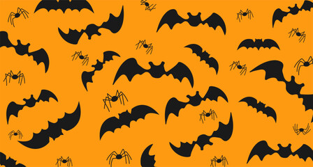 Black silhouettes of bats and spiders on an orange background. Vector