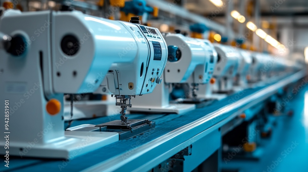 Aufkleber a row of sewing machines are lined up in a factory