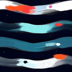 Obraz premium A series of blue and white stripes with red dots. The stripes are wavy and the dots are scattered throughout. Scene is playful and whimsical