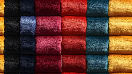 Fototapeta premium A stack of towels with different colors and patterns. The towels are arranged in a way that they look like they are on display