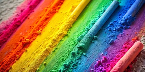 Close up of colorful rainbow chalk dust and sticks on a wall, abstract art supplies for creativity