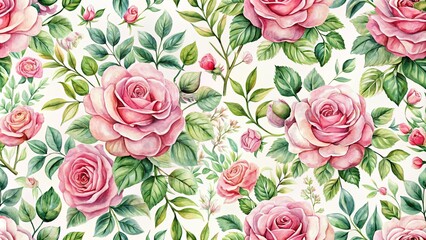 Watercolor seamless pattern with pink roses and green foliage, botanical floral print for stock photo