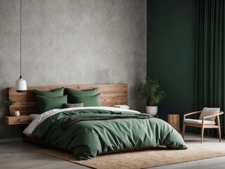 Modern Bedroom with Green Bedding and Concrete Wall