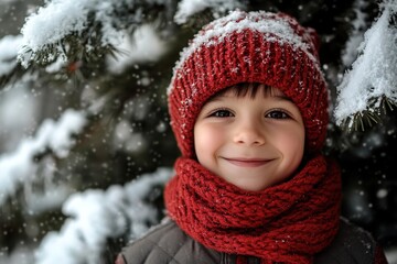 Child in red winter hat smiling in snowy setting