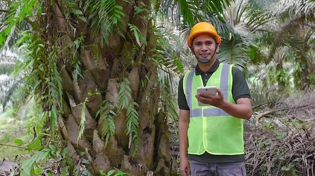 Palm Oil Farmer uses a digital tablet in the Palm Oil field. Monitoring Concept in the farm&mdash;smart farm with technology.
