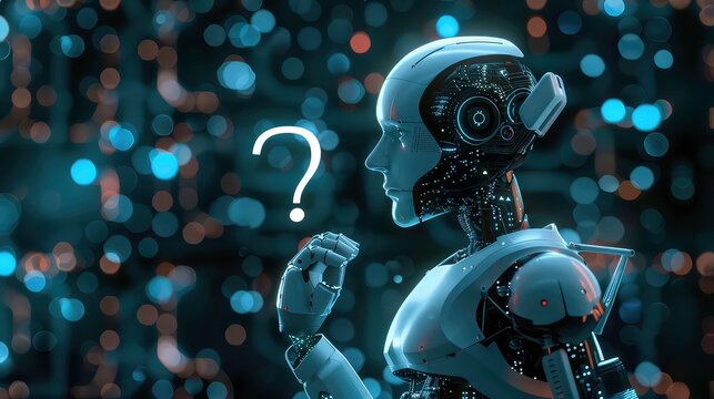 Futuristic robot with a question mark in front of it. - Powered by Adobe