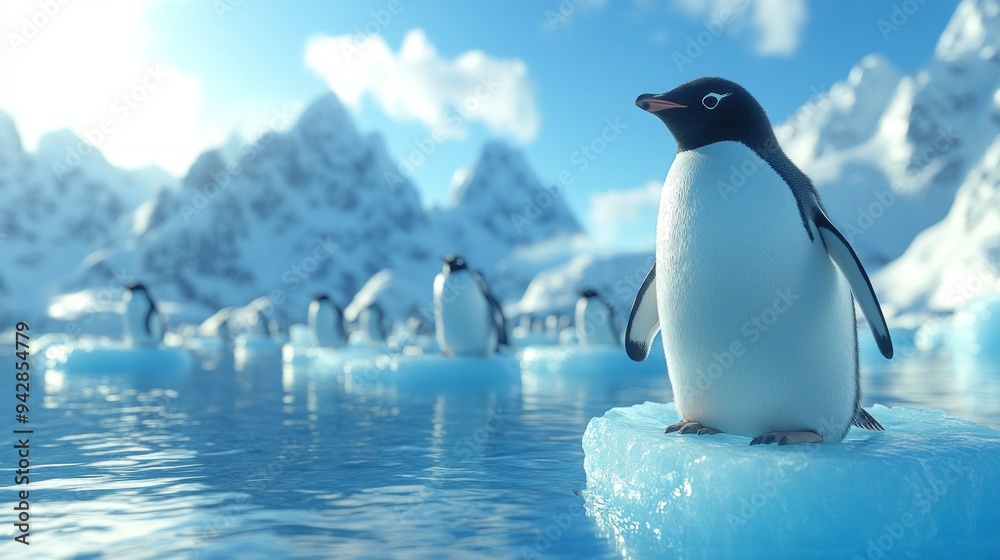 Aufkleber A penguin is standing on a block of ice in the ocean