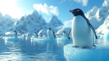 Naklejka premium A penguin is standing on a block of ice in the ocean