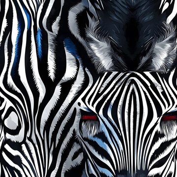 A zebra with a red eye and a black stripe on its face. The zebra is in a black and white color scheme