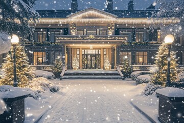 Snowy luxury house with festive lights and Christmas decor
