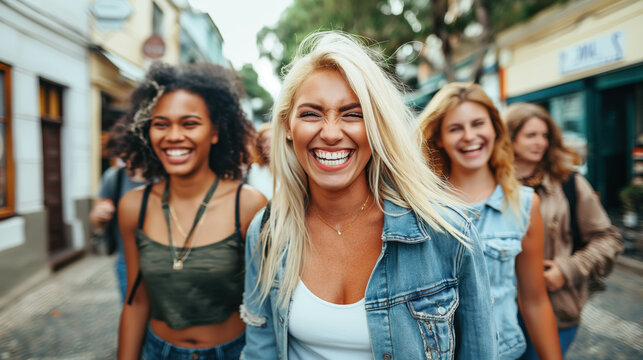 A cheerful blonde woman wearing glasses and a yellow hoodie smiles brightly, standing with friends dressed similarly in a casual outdoor setting.
