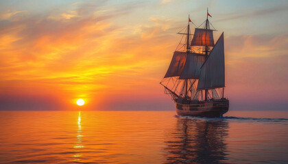 Fototapeta premium Sailboat Navigating Through a Vibrant Sunset Over the Ocean