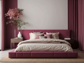 Pink Bedroom with Bed, Flowers, and Curtains