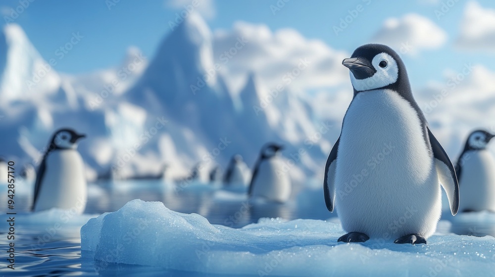 Poster A baby penguin stands on a block of ice in front of a mountain range