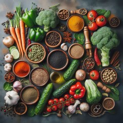 op view of Herbs and spices, ingredients for cooking food, healthy vegetables food, high fibers and vitamins.
