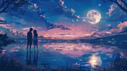 Obraz premium A young couple silhouetted against the starry night sky stands hand-in-hand, gazing at the full moon reflected in the lake below.