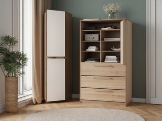 Wooden Cabinet with White Doors and Drawers