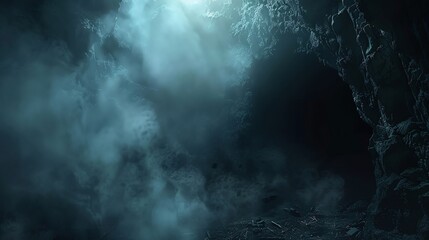 Dark cave entrance shrouded in mist, with eerie lighting and shadows, creating a mysterious scene perfect for Halloween text dark cave, shrouded mist, mysterious scene