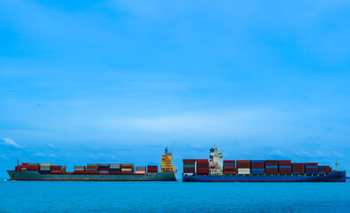 Aerial view of the freight shipping transport system cargo ship container. international transportation Export-import business, logistics, transportation industry concept	