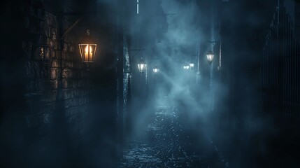 Dark alley with flickering lanterns and fog, creating a spooky atmosphere with space for Halloween messages dark alley, flickering lanterns, foggy atmosphere