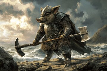 Obraz premium Viking Boar: A boar in Viking armor with a helmet and axe, standing on a rocky shore