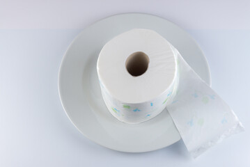 Big toilet paper roll in the middle of a pottery plate, on white background. Concept useful for...
