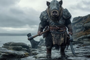 Naklejka premium Viking Boar: A boar in Viking armor with a helmet and axe, standing on a rocky shore