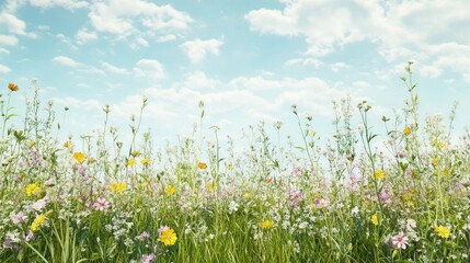 A wide view of a serene meadow with wildflowers in full bloom, offering plenty of space for text. Perfect for spring, nature, or eco-friendly themes.