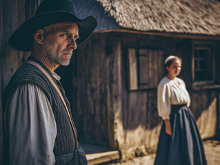 Naklejka premium Stern man in a hat standing near a wooden house with a woman in the background, historical setting, moody rural scene