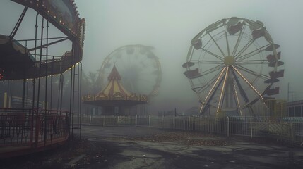 Abandoned carnival with rusted rides and fog, creating a spooky atmosphere with ample space for Halloween text abandoned carnival, rusted rides, foggy atmosphere