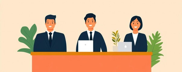 Three smiling professionals in suits working at a desk with laptops and plants, showcasing teamwork and collaboration.
