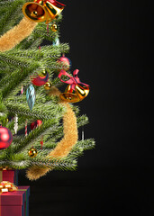 Christmas background with christmas tree, red gift boxes and copy space, 3D rendering