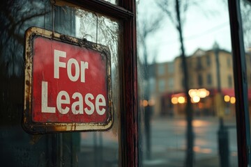 A weathered and rusty "For Lease" sign hangs in the window of a vacant storefront. 