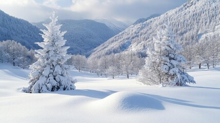 Obraz premium Heavy snowfall blanketing a mountain landscape, winter weather, cold and serene