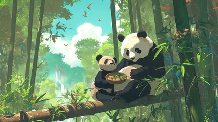 Obraz premium A mother panda and her cub are sitting on a branch in a bamboo forest, both holding bowls of food.
