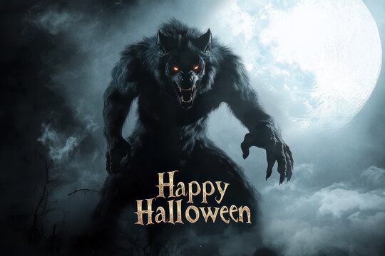 Werewolf Transformation Collage: Photos showing a man transforming into a werewolf under a full moon. The text "Happy Halloween" in a wild, werewolf-themed font at the center.