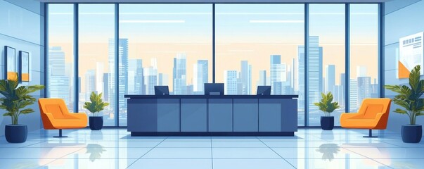 Modern office interior with bright colors, large windows, and city view. Comfortable seating and plant decor create a professional atmosphere.