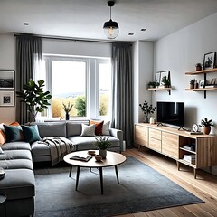 Fototapeta premium Modern Living Room Interior Design with Grey Sofa Wooden Cabinet and Grey Rug