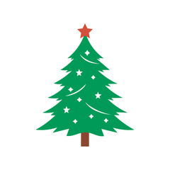 Cartoon abstract christmas tree with stars and balls vector, Christmas Tree Color Flat Icon,  merry xmas celebration happy new year decoration vector illustration.