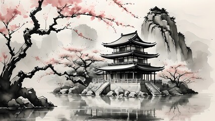 Traditional Japanese Ink Art of Peaceful Temple and Cherry Blossoms