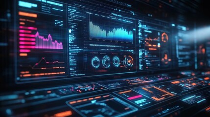 Obraz premium Futuristic user interface displaying data analytics with vibrant colors and digital graphs, ideal for technology and data visualization themes.