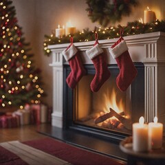 A warm fireplace with stockings and holiday decorations, evoking a cozy Christmas atmosphere.