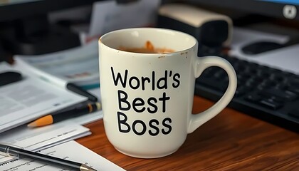 World s Best Boss Coffee Mug on Wooden Desk