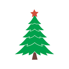 Obraz premium Cartoon abstract christmas tree with stars and balls vector, Christmas Tree Color Flat Icon, merry xmas celebration happy new year decoration vector illustration.