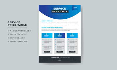 service price list flyer, service price table flyer, service table flyer