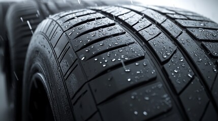 Car tires with tread patterns specifically designed for wet surfaces, enabling optimal traction in rainy conditions. (3D illustration)