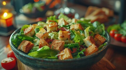 a salad with croutons and lettuce in a bowl