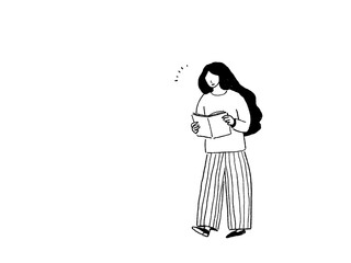 本を読む女性、線画