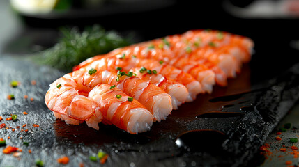 Fresh shrimp sashimi arranged neatly on a dark slate plate, garnished with delicate herbs, capturing the elegance and freshness of premium seafood cuisine in a close-up presentation